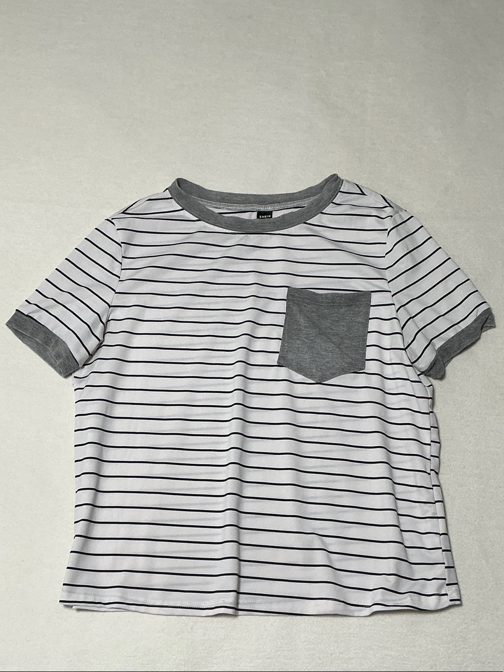 SHEIN White Tee with Gray Trim & Pocket